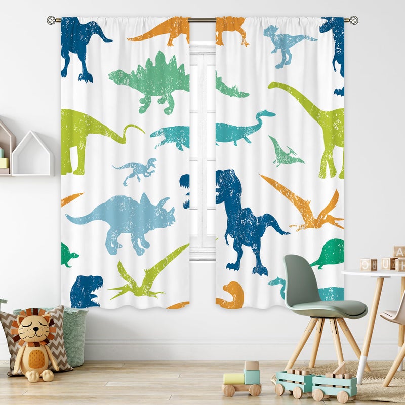 Cinbloo Kids Dinosaur Curtains 42W x 63L Inch Rod Pocket Cartoon Dino Baby Boys Bedroom Decor Cute Funny Safari Animal Children Toddler Nursery Art Printed Living Room Window Drapes Fabric 2 Panel Set - Image 1